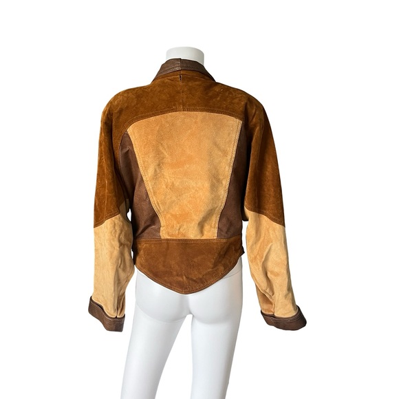VTG The Leather Ranch le Ranch du Cuir Suede Jacket Colorblock Belted Neutral - Picture 2 of 12